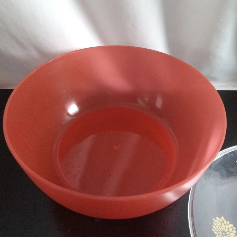 Vintage Red Melamine Serving Bowl with MCM Floral Burst Clear Lid 9 Inch Retro